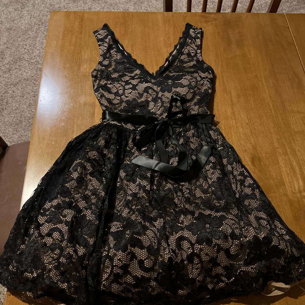 B Darlin Black Lace Nude Illusion Slip Dress